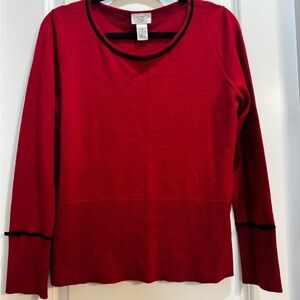 LOFT Red Sweater Large Black Piping Round Neck Long Sleeve Armpit To Armpit 20”